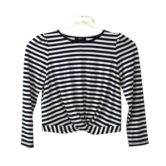 Aqua Girls Striped Long Sleeve Twist Knot Top Large Navy Blue White - Picture 1 of 5